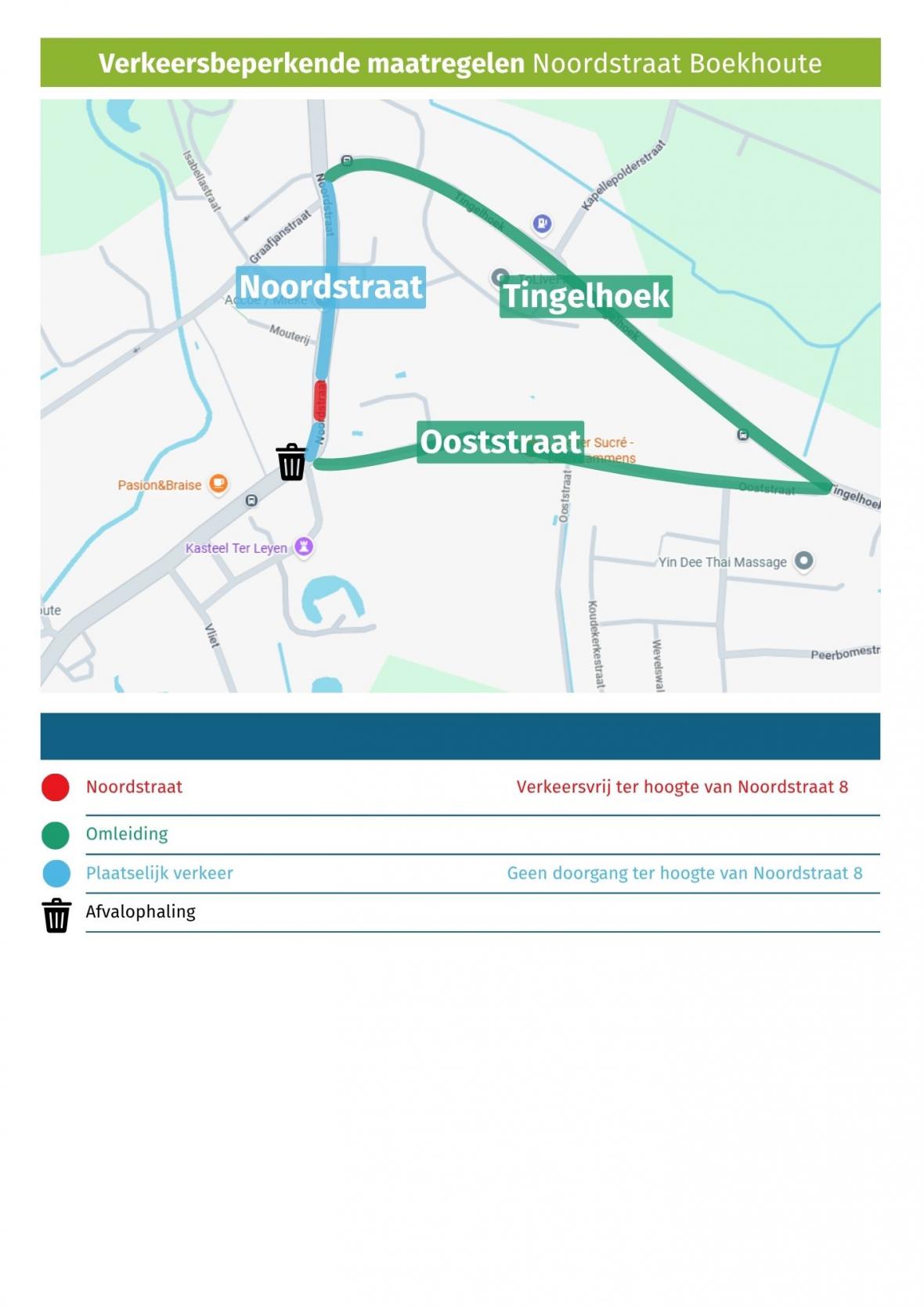 Omleidingsplan voor de werken aan Noordstraat 8 in Boekhoute, met de omleiding via Ooststraat en Tingelhoek en het verzamelpunt voor afval aan Boekhoutedorp.