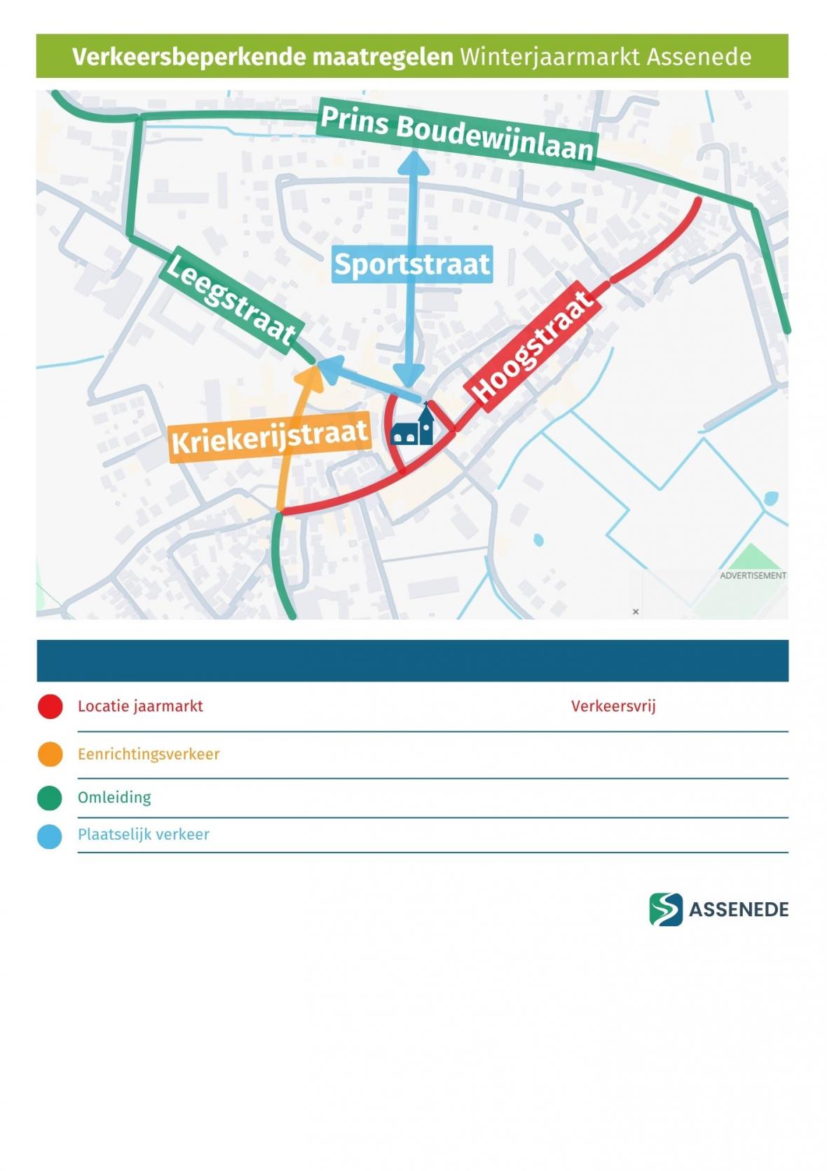 Verkeersplan winterjaarmarkt Assenede met de verkeersvrije jaarmarktzone, omleiding en routes voor plaatselijk verkeer